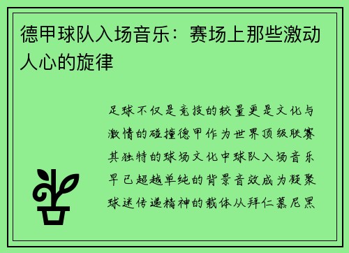 德甲球队入场音乐：赛场上那些激动人心的旋律
