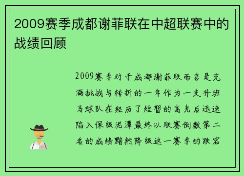 2009赛季成都谢菲联在中超联赛中的战绩回顾